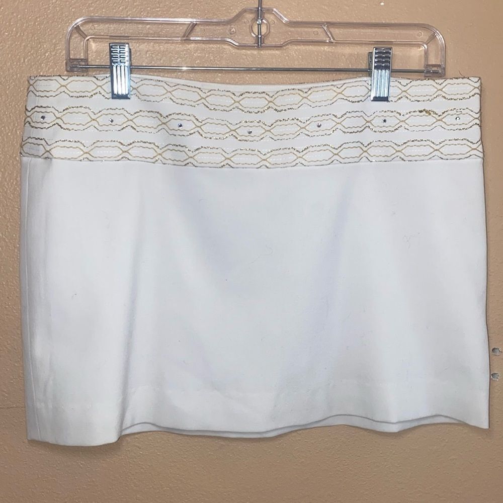 Y2K Vintage Gold Embroidered White Mini Skirt Large